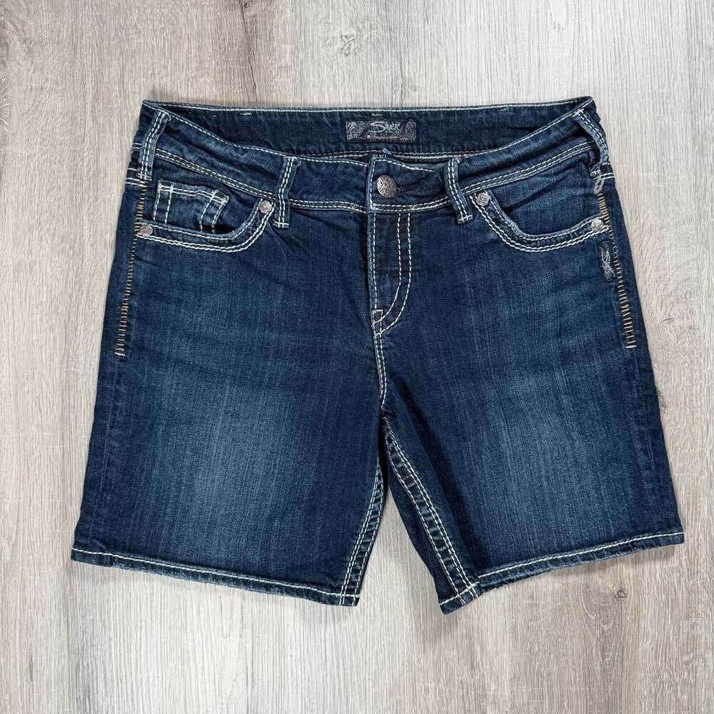 Womens Silver Jeans Suki Mid-Rise Embroidered Dark Wash Denim Shorts XL